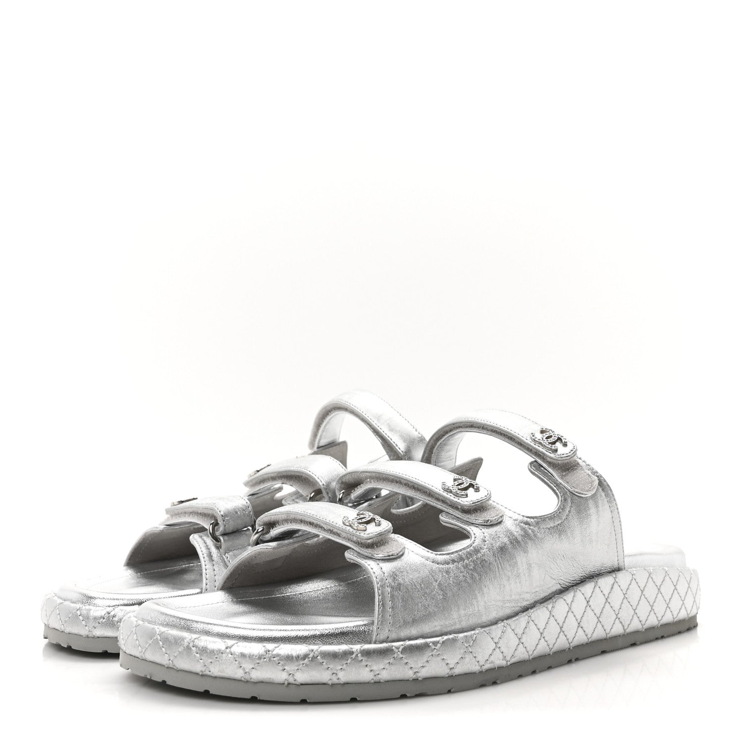 Chanel Strappy Silver Leather Sandals 39.5 (8-9)Elegant Buckle