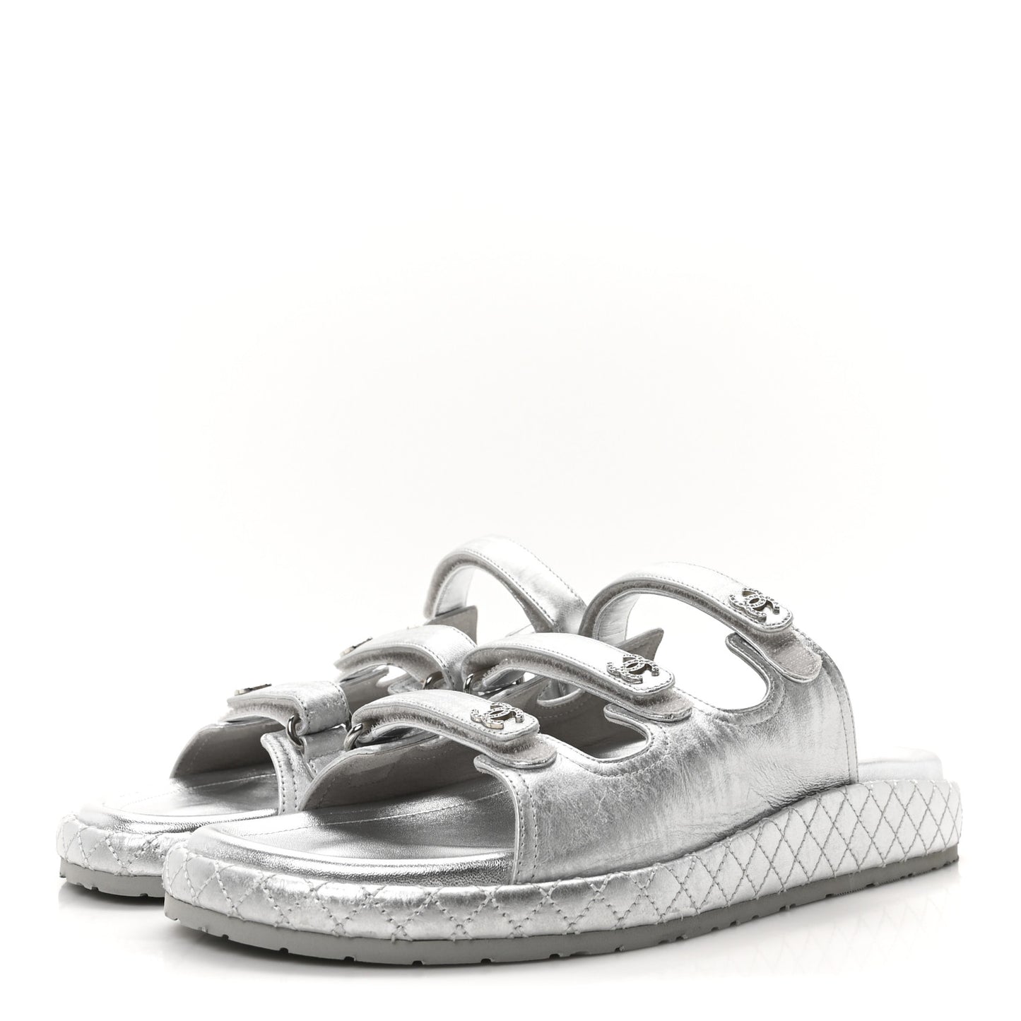 Laminated Lambskin Quilted Velcro Crystal CC Dad Slide Sandals 40 Silver