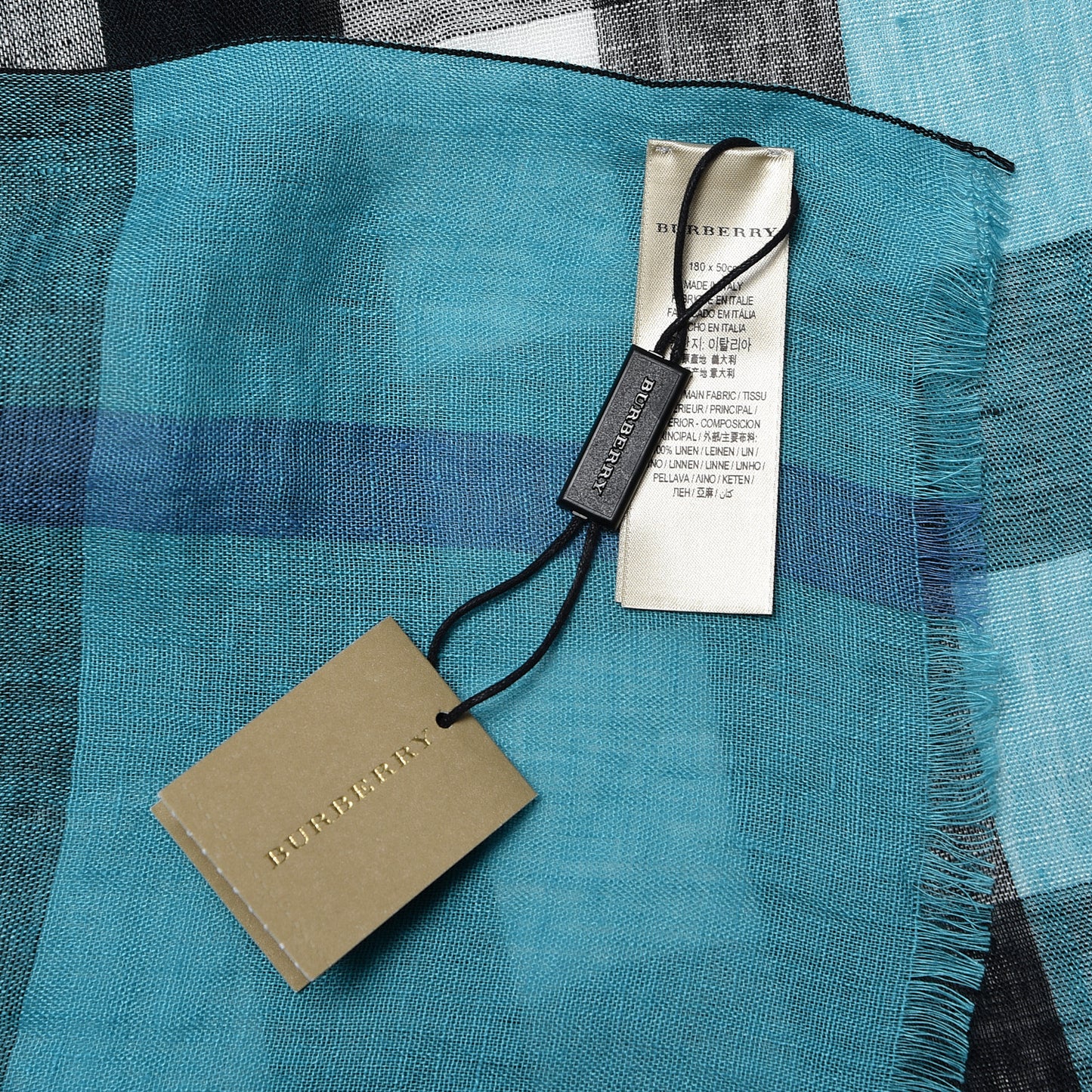 Linen Giant Exploded Check Scarf Cyan Green