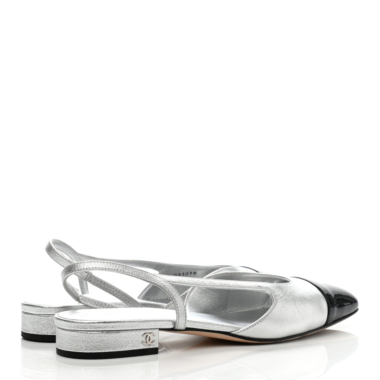 Metallic Goatskin Patent Calfskin Cap Toe CC Slingback Flats 38 Black Silver