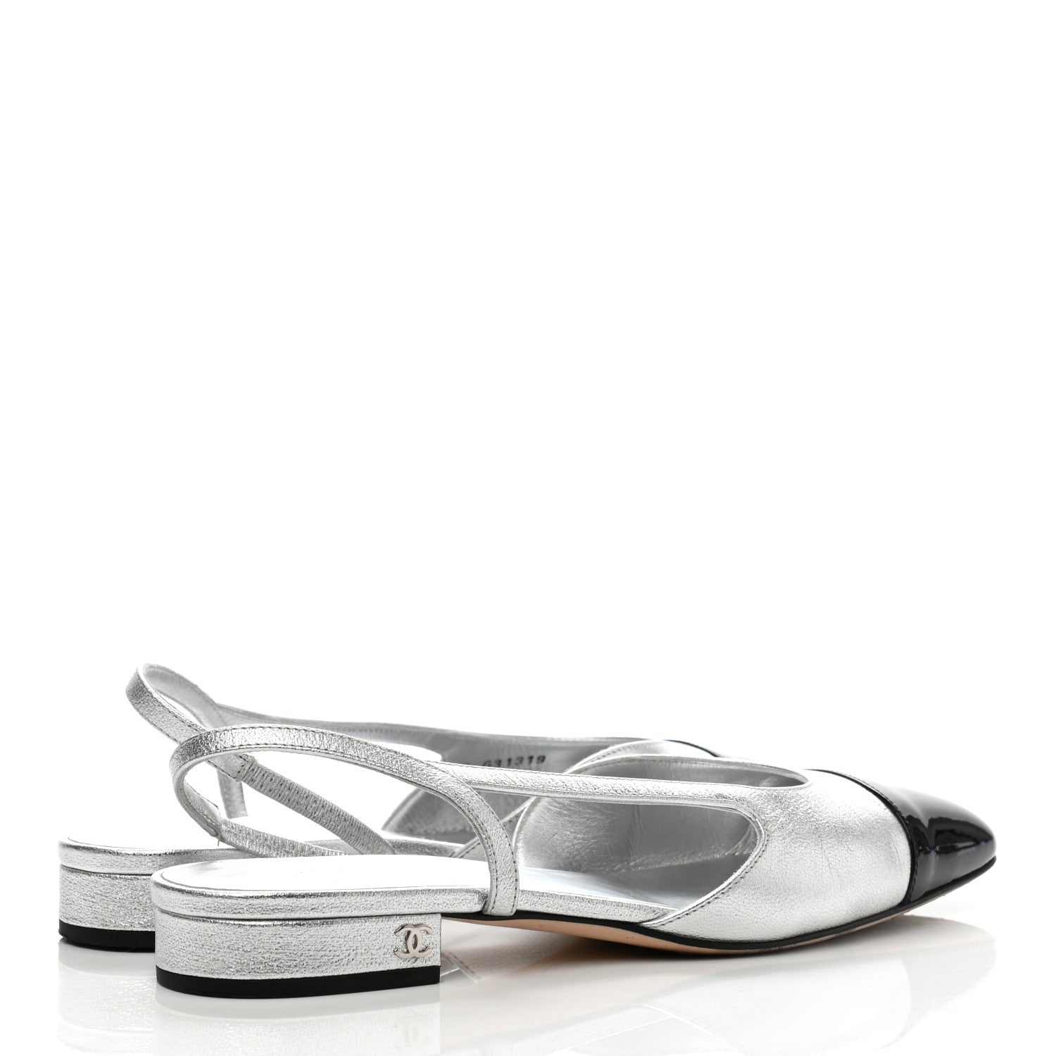 Chanel Metallic Goatskin Patent Calfskin Cap Toe CC Slingback Flats 38 Black Silver 4 of 8