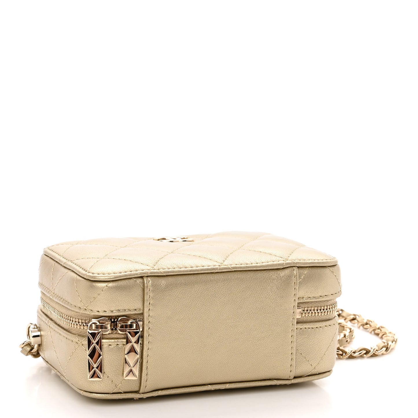 Metallic Lambskin Quilted Small Top Handle Vanity Case Gold