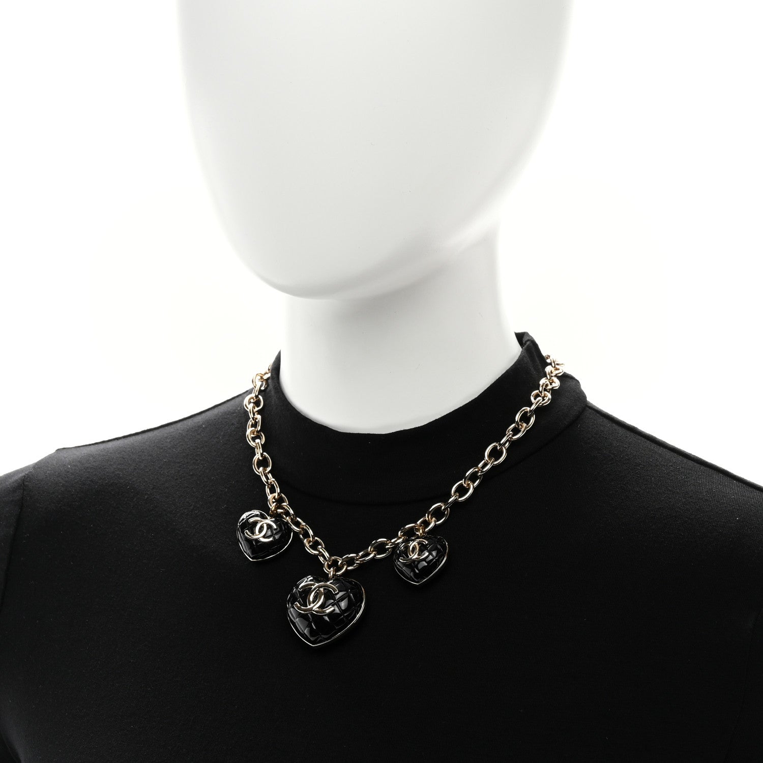 Chanel Metal Lambskin Resin Quilted CC Heart Necklace Black Gold 2 of 5