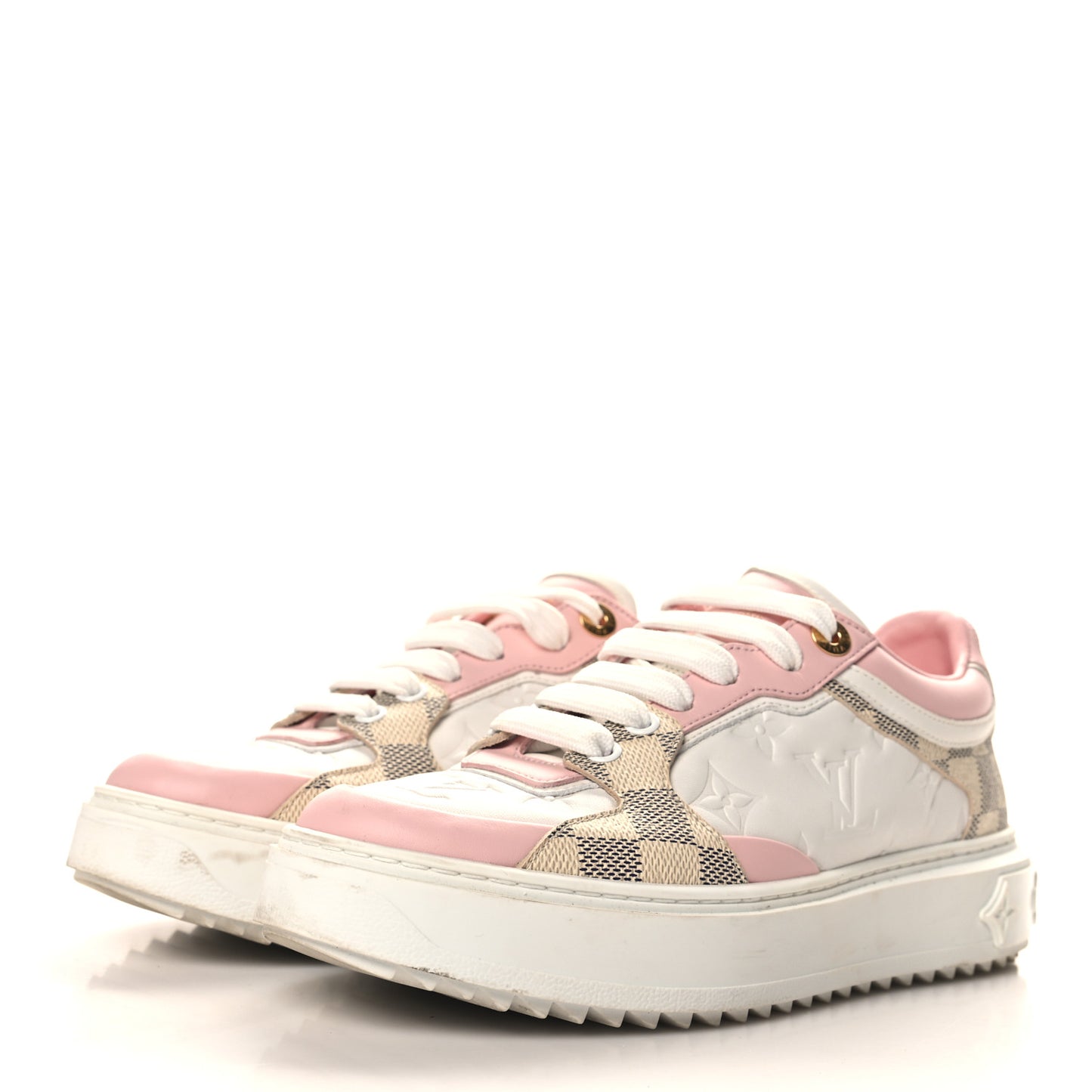 Monogram Embossed Calfskin Damier Azur Time Out Sneakers 36.5 Rose Clair Pink