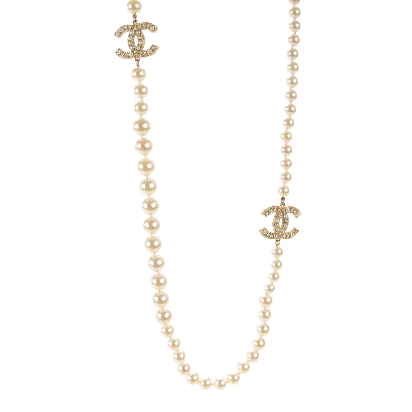 Graduated Pearl CC Long Necklace Gold