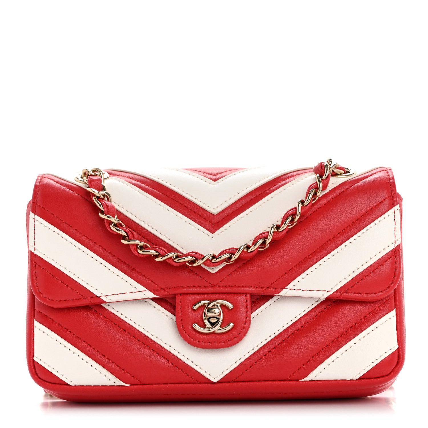 Chanel Lambskin Chevron Stitched Flap White Red 1 of 12