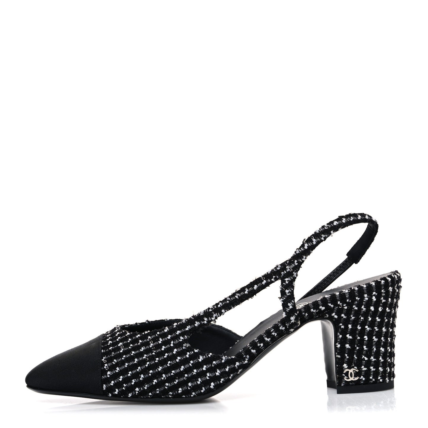 Tweed Grosgrain Cap Toe CC Slingback Pumps 40.5 Black White