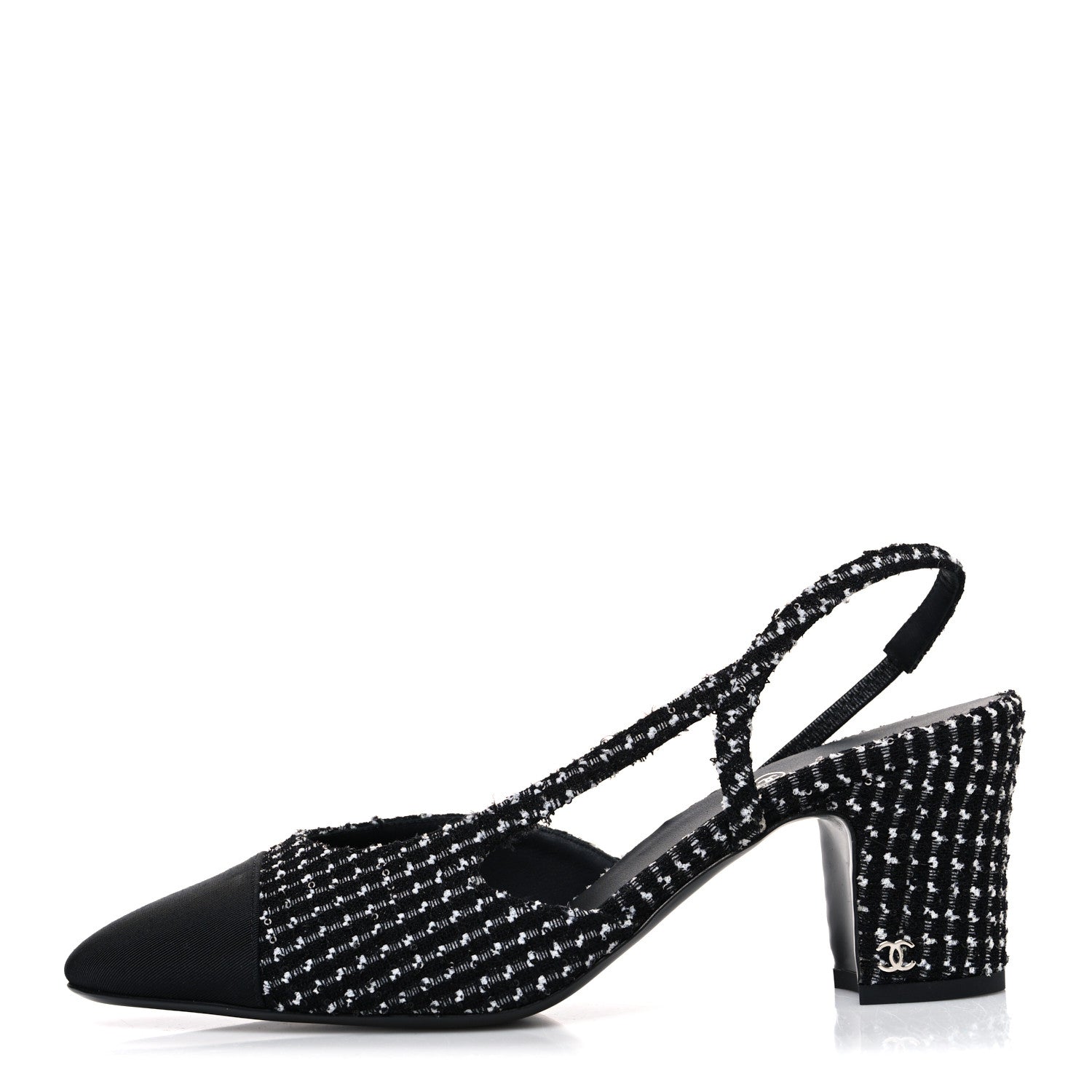 Chanel Tweed Grosgrain Cap Toe CC Slingback Pumps 40.5 Black White 1 of 11