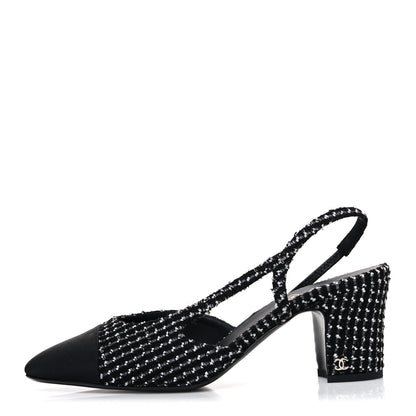 Chanel Tweed Grosgrain Cap Toe CC Slingback Pumps 40.5 Black White 1 of 11