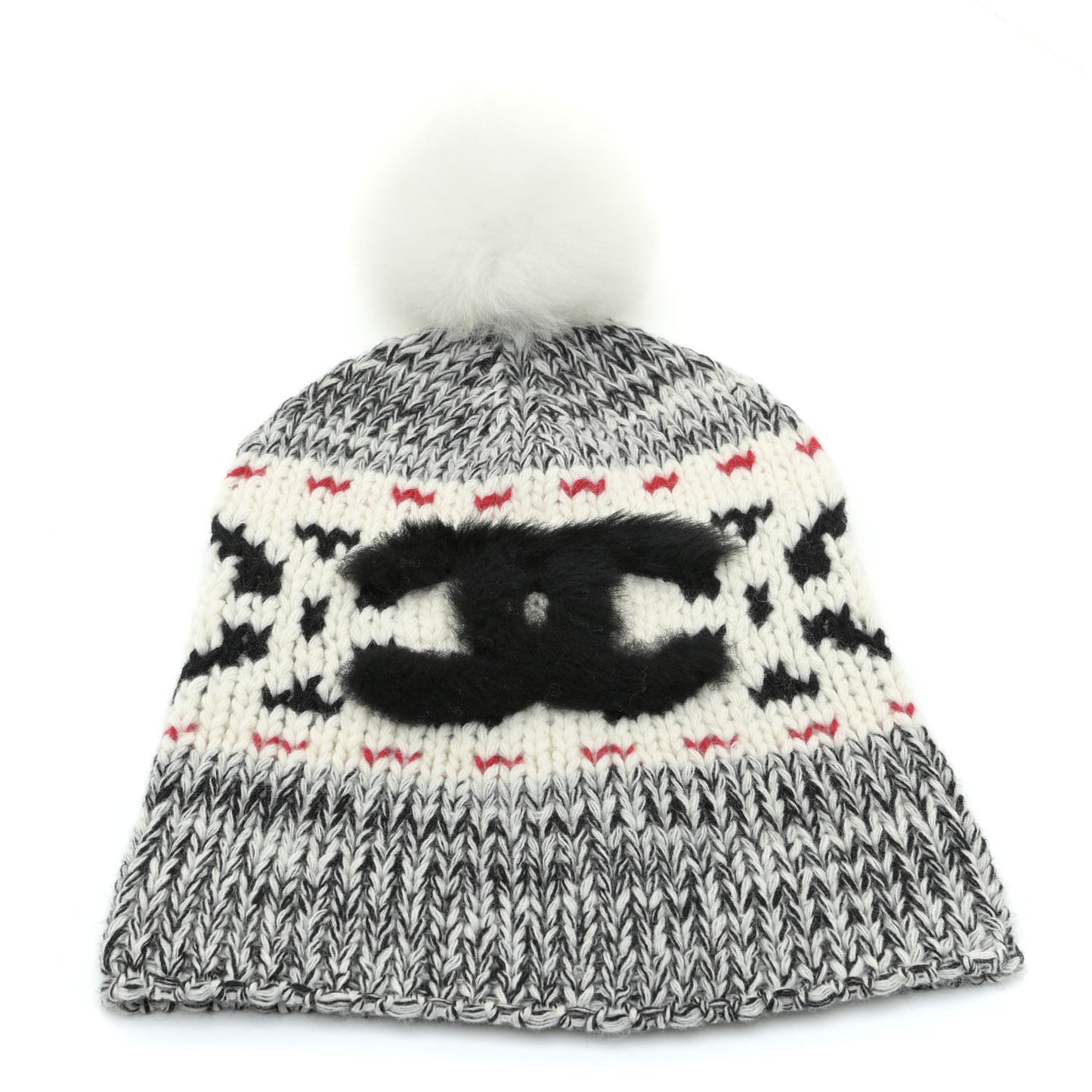 Wool Shearling CC Beanie Hat Ivory Black Red