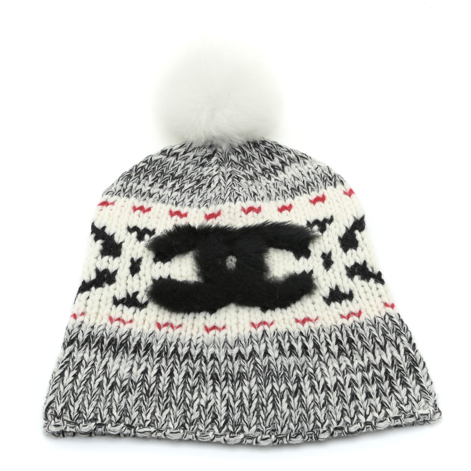 Chanel Wool Shearling CC Beanie Hat Ivory Black Red 1 of 4