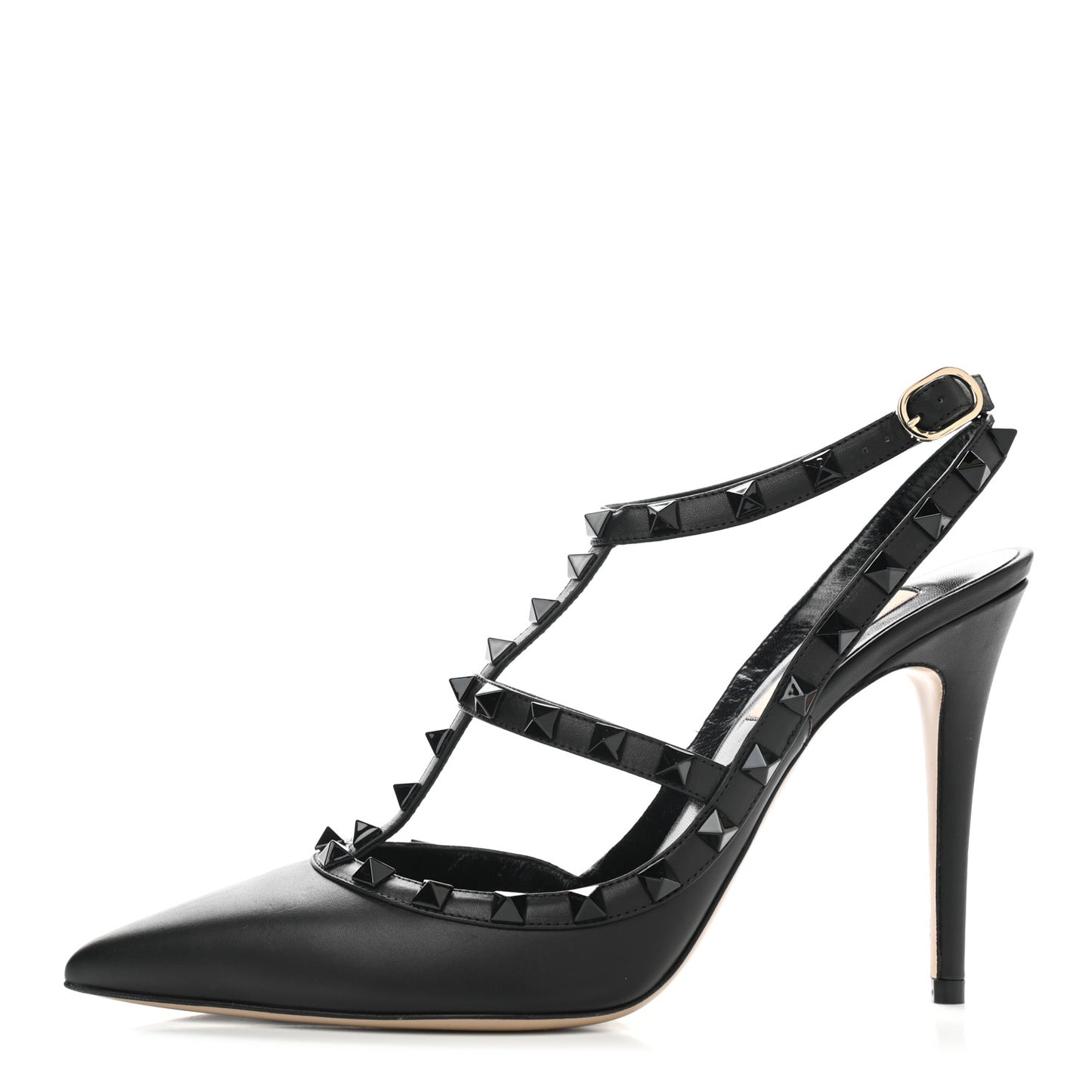 Calfskin Lacquered Monochrome Rockstud Ankle Strap 100mm Pumps 39.5 Black