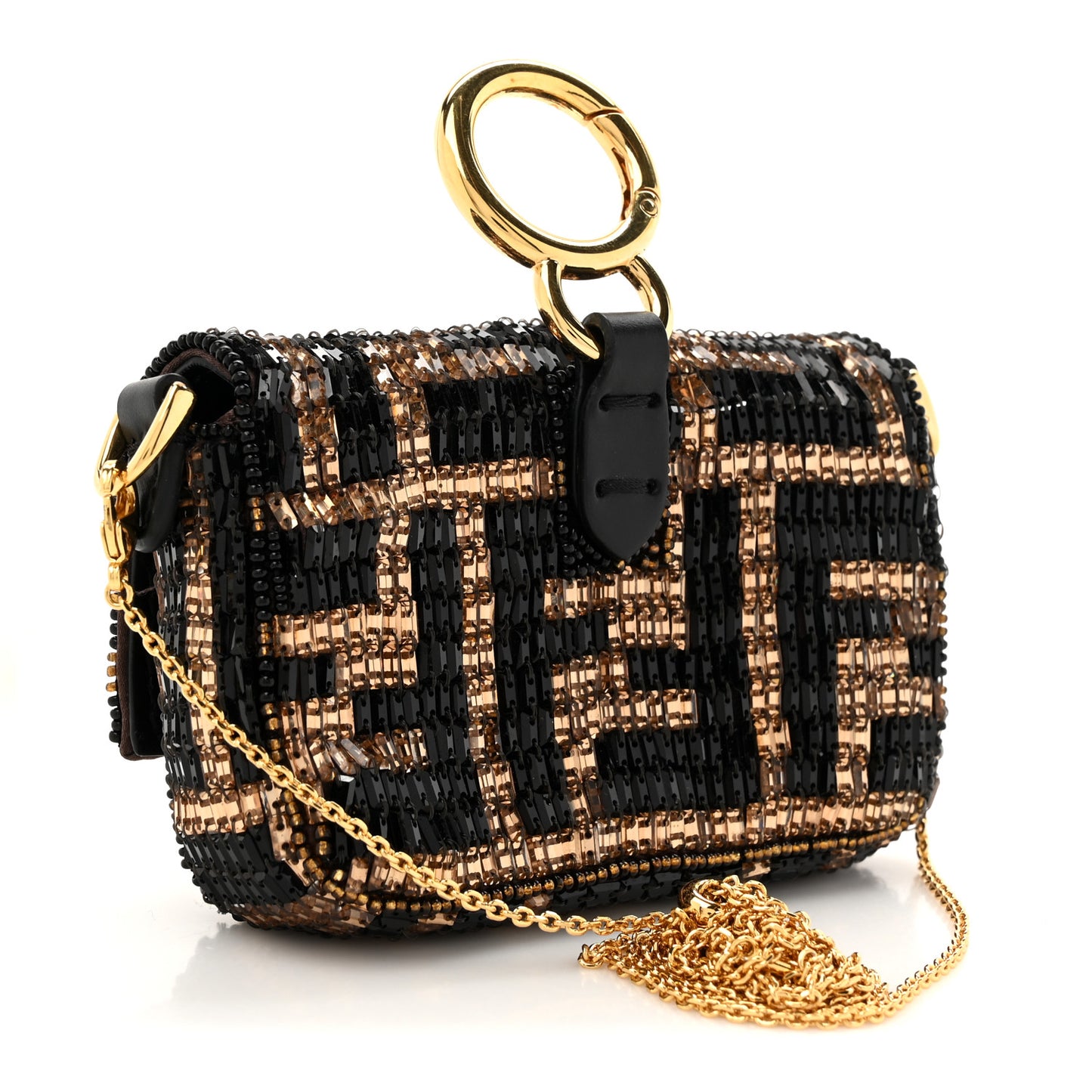 Crystal Vitello King FF Beaded Nano Maxi Buckle Baguette Charm Moro Black