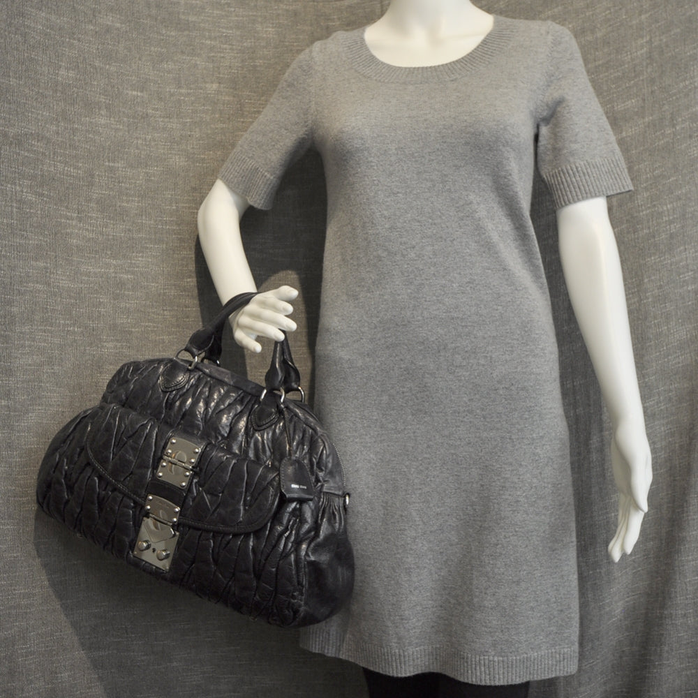 Leather Matelasse Coffer Tote Black