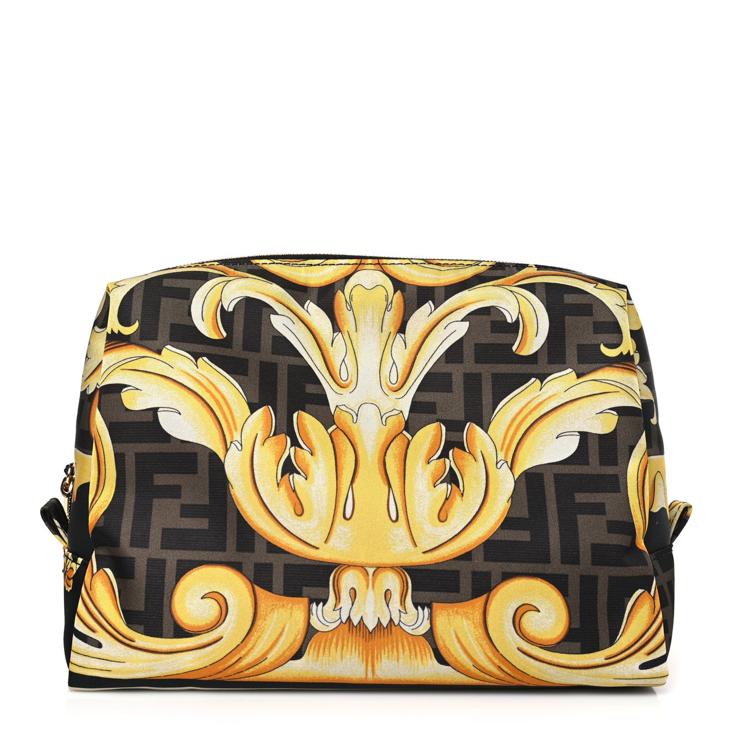 X VERSACE Nylon Fendace FF Baroque Print Small Trapezoid Beauty Pouch Gold