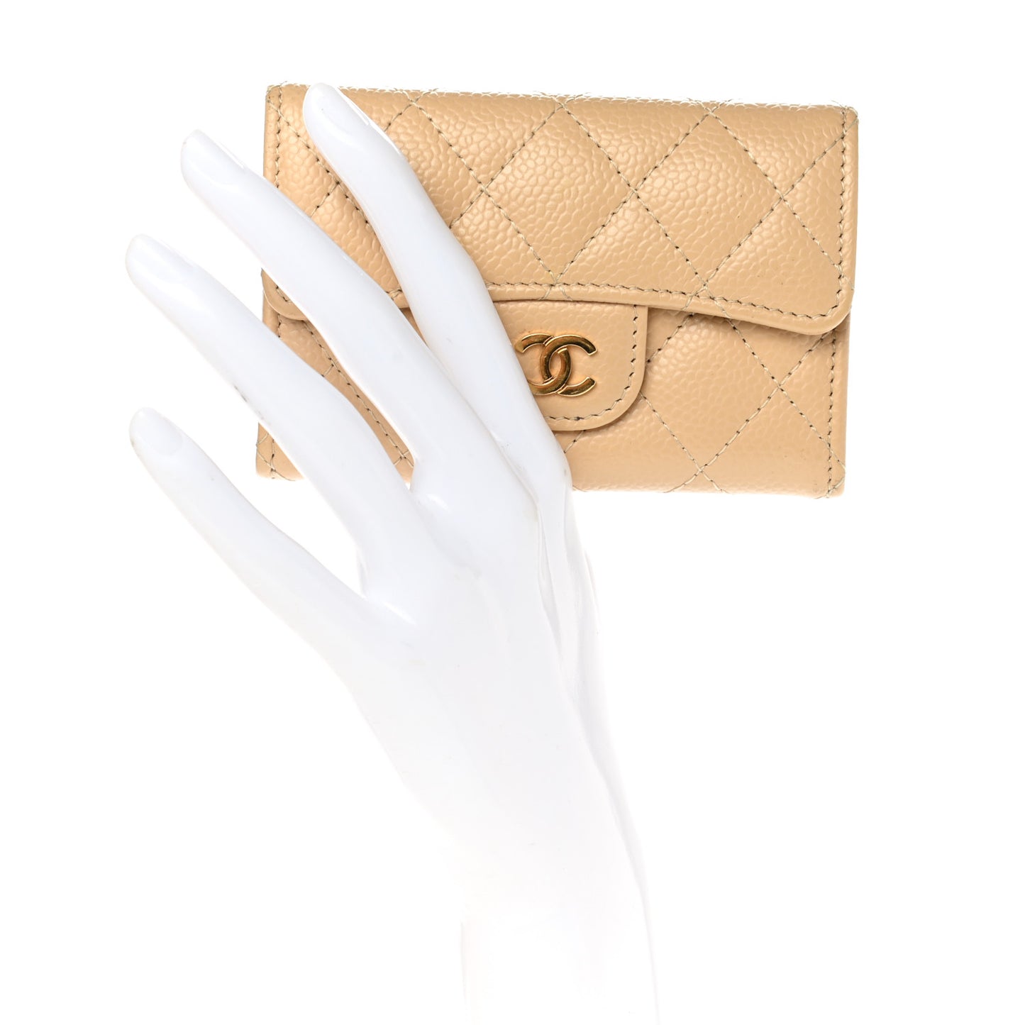 Caviar Quilted Flap Card Holder Wallet Beige
