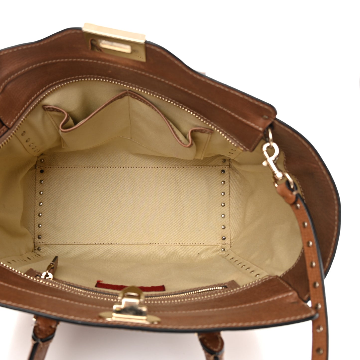 Textured Calfskin Rockstud Double Handle Tote Tan
