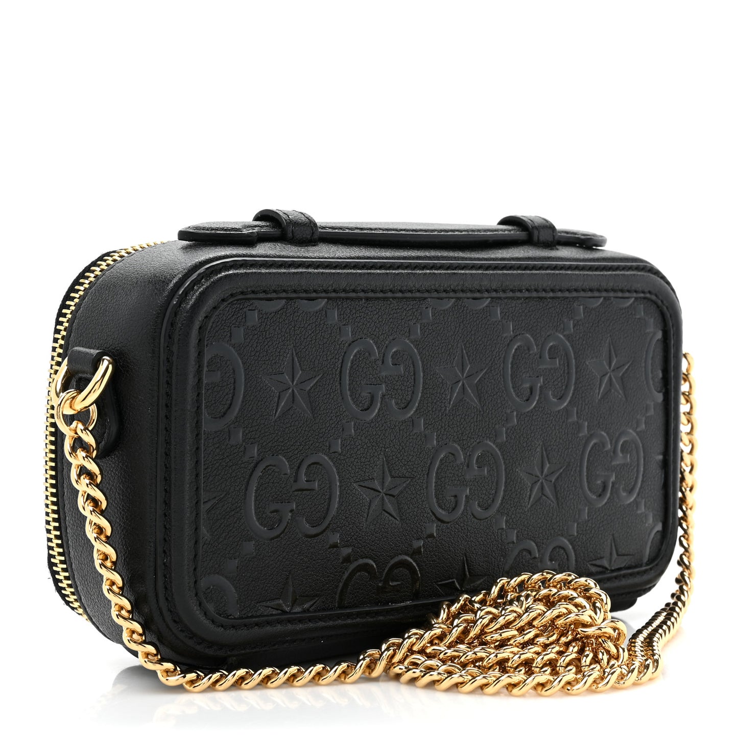 Wonka Grain Calfskin GG Monogram Star Embossed GG Top Handle Phone Case Black