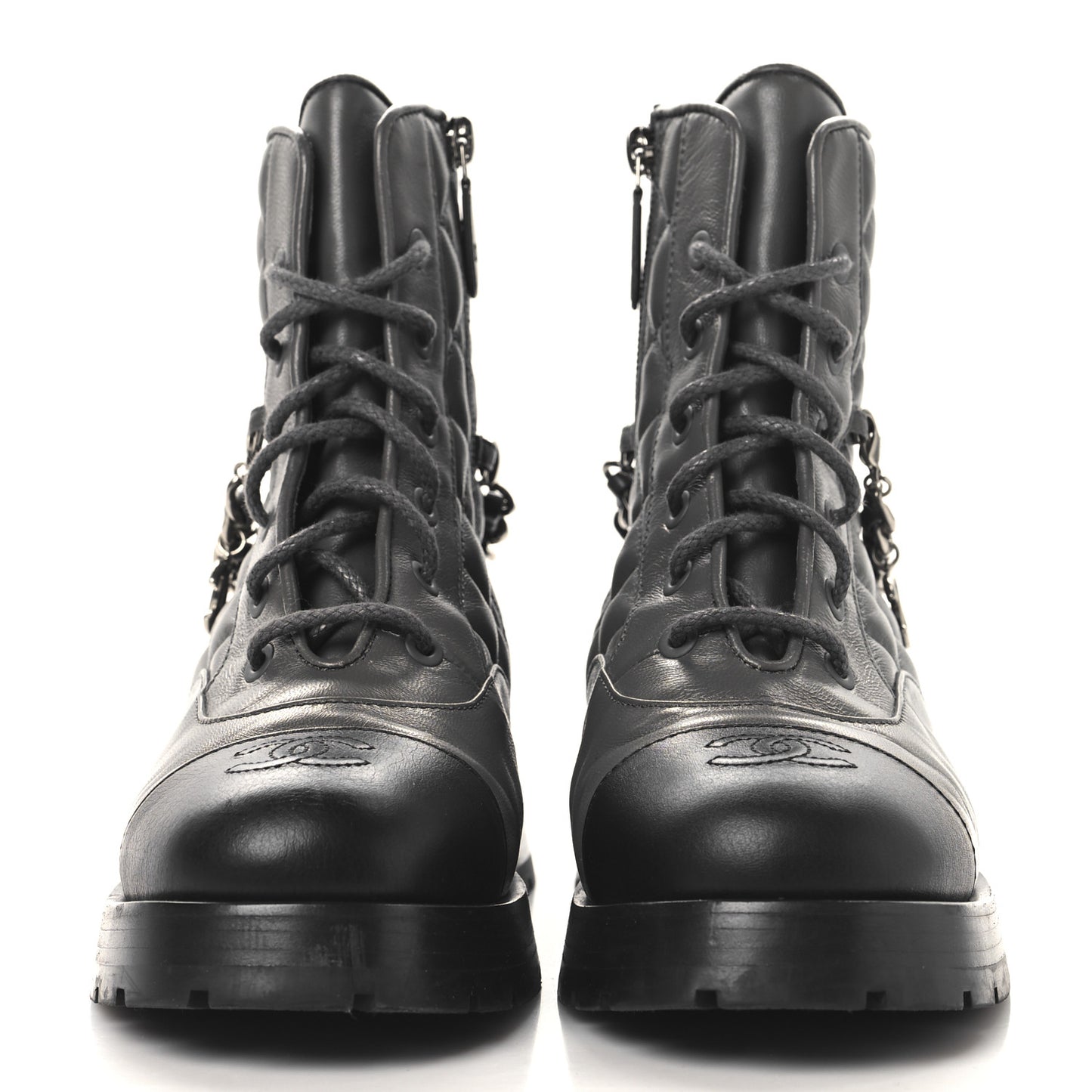 Calfskin Quilted Chain Lace Up Combat Boots 36.5 Grey Black