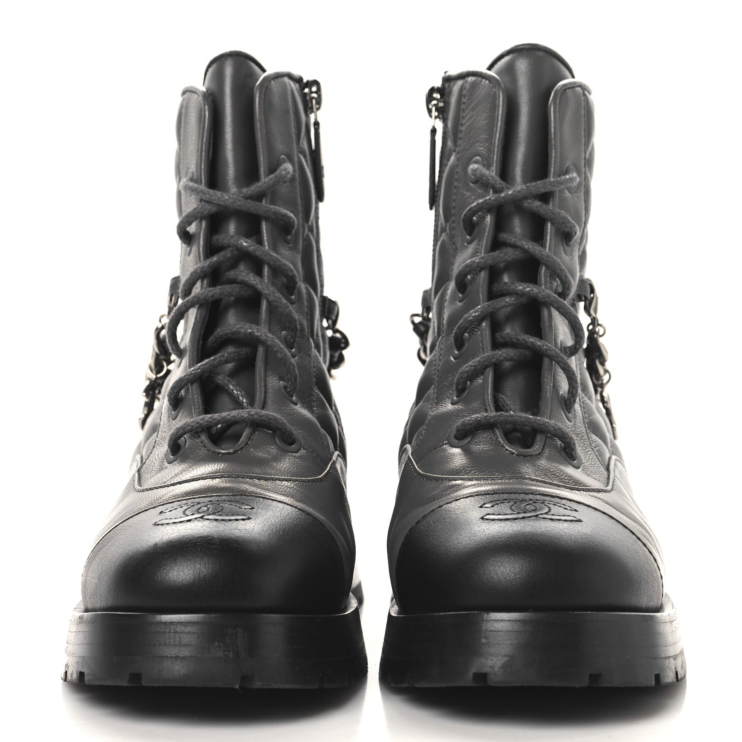 Chanel Calfskin Quilted Chain Lace Up Combat Boots 36.5 Grey Black 3 of 8