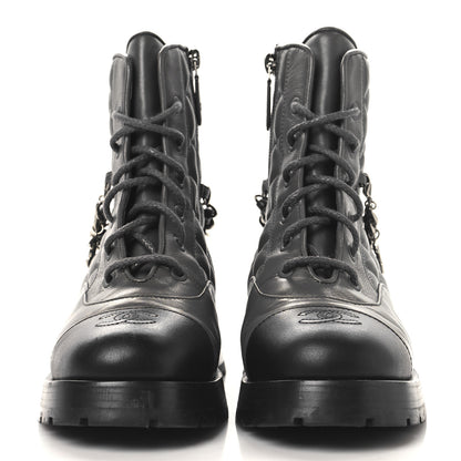 Chanel Calfskin Quilted Chain Lace Up Combat Boots 36.5 Grey Black 3 of 8