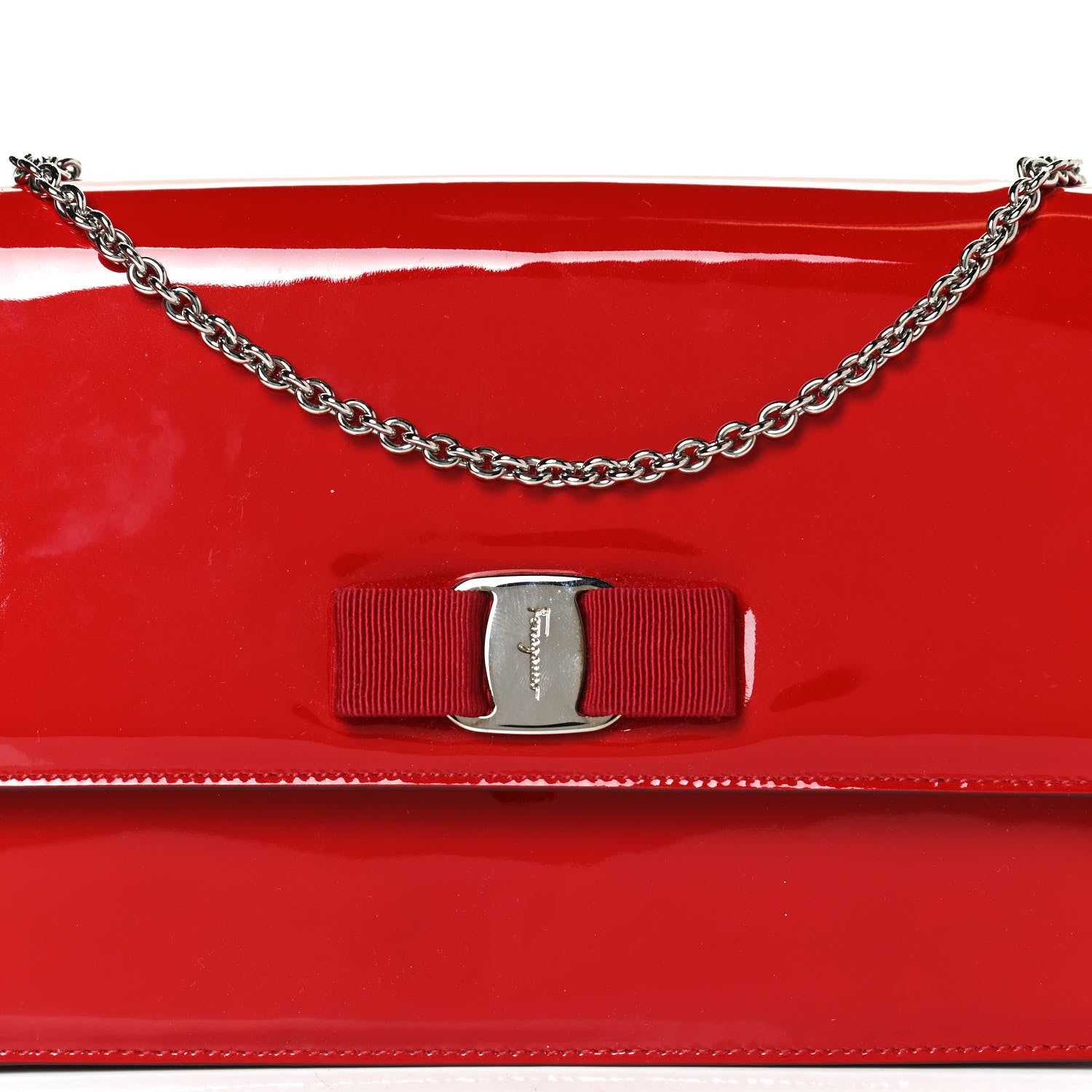 Salvatore Ferragamo Patent Ginny Vara Bow Shoulder Bag Red 7 of 13