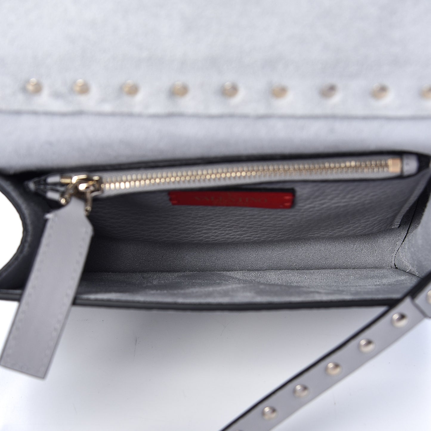 Pebbled Calfskin Rockstud Side Slip Crossbody Pastel Grey