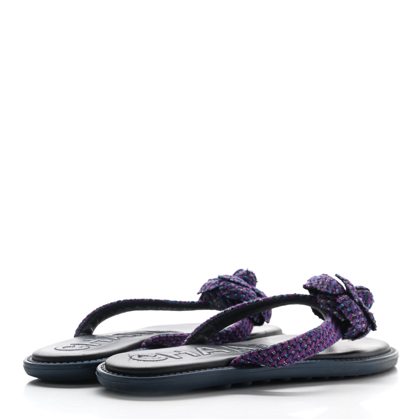 Tweed Quilted Camellia Thong Sandals 39 Purple Blue Black