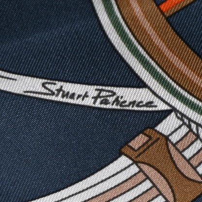 Hermes Silk Stately Wheels Scarf 90 Bleu Ardoise White Orange 6 of 6