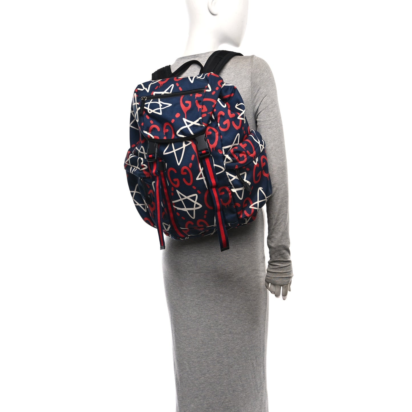 Techno Canvas GucciGhost Double Buckle Backpack Blue Agata Hibiscus Red