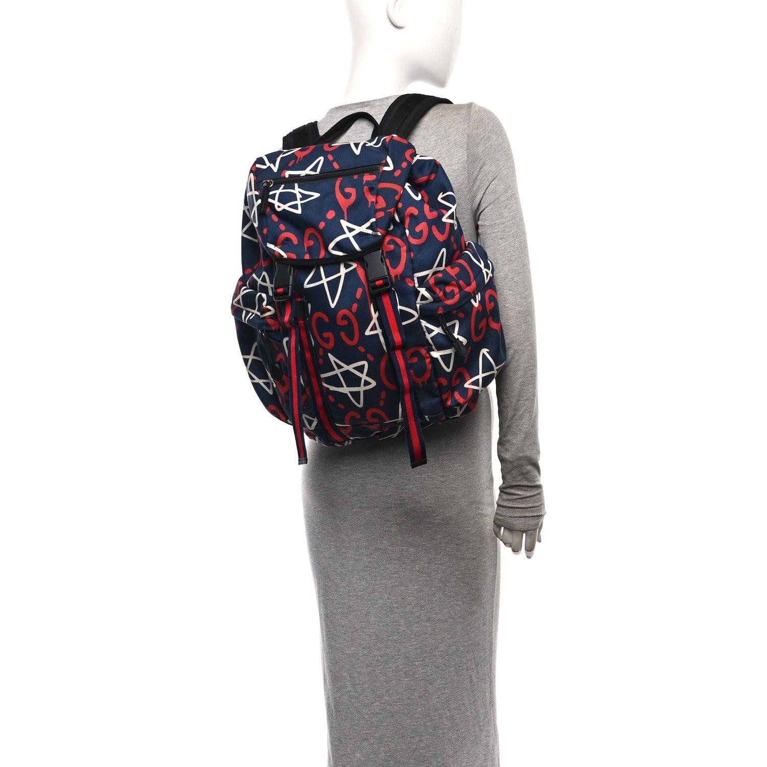 Gucci Techno Canvas GucciGhost Double Buckle Backpack Blue Agata Hibiscus Red 2 of 10