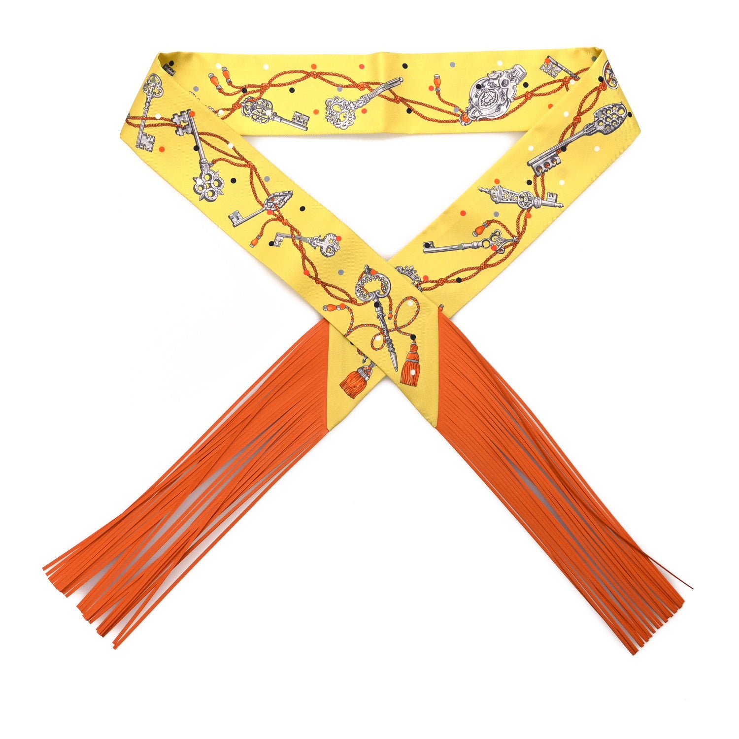 Hermes Silk Calfskin Les Cles A Pois Fringed Twilly Jaune Argent