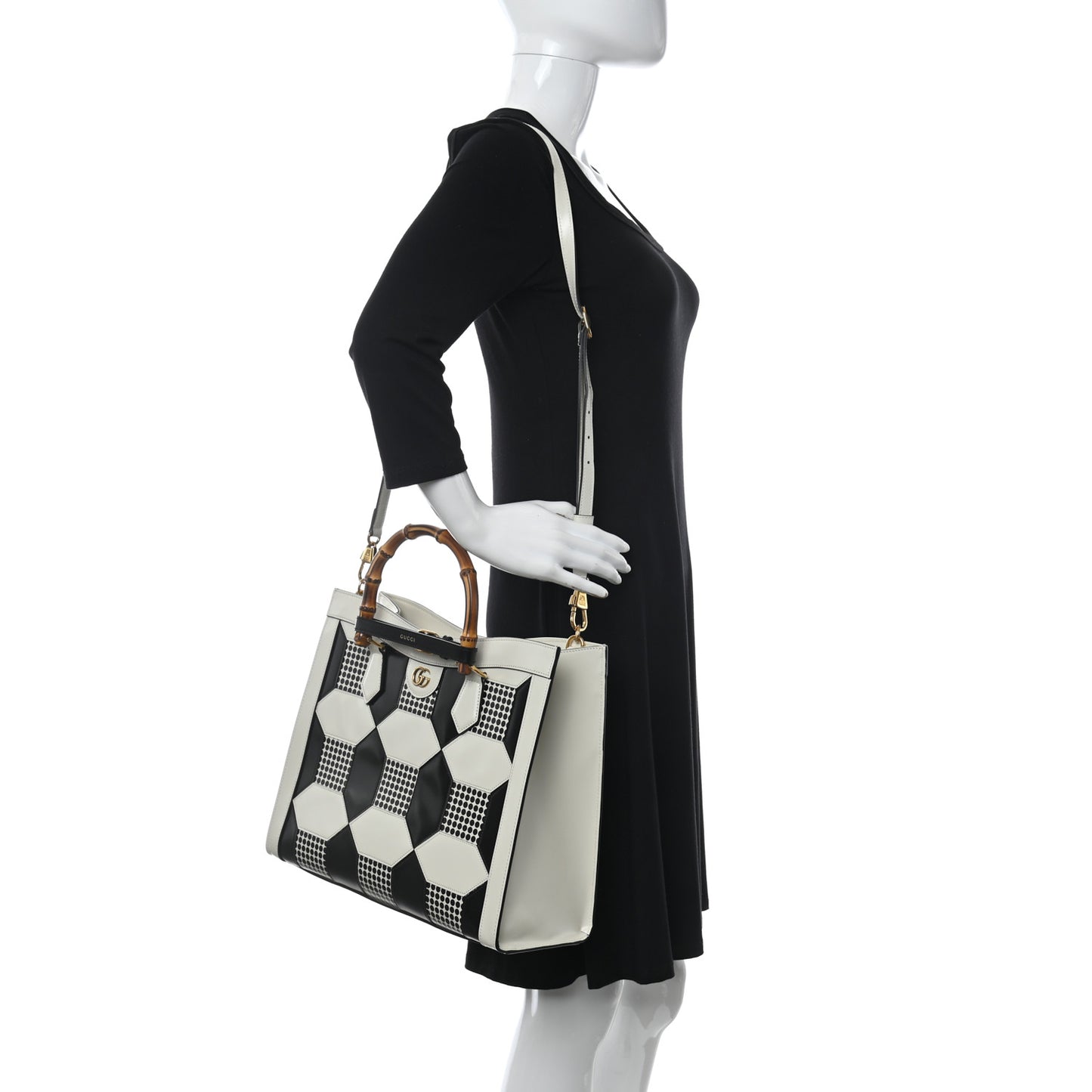 Calfskin Geometric Inlay Medium Diana Tote Bag White Black