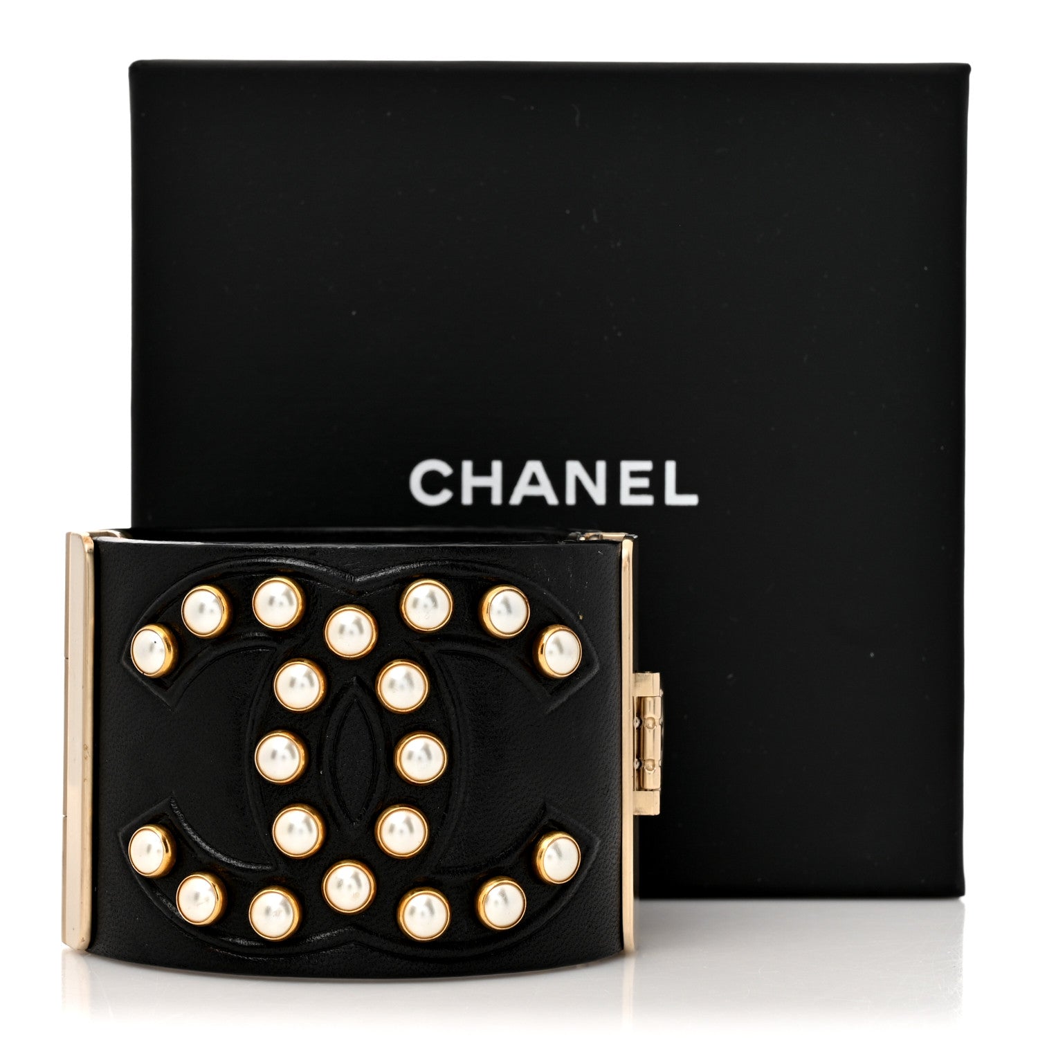 Chanel Lambskin Calfskin Pearl CC Cuff Bracelet Black Gold 5 of 5
