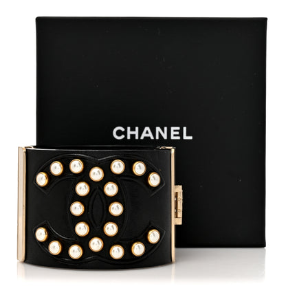 Chanel Lambskin Calfskin Pearl CC Cuff Bracelet Black Gold 5 of 5