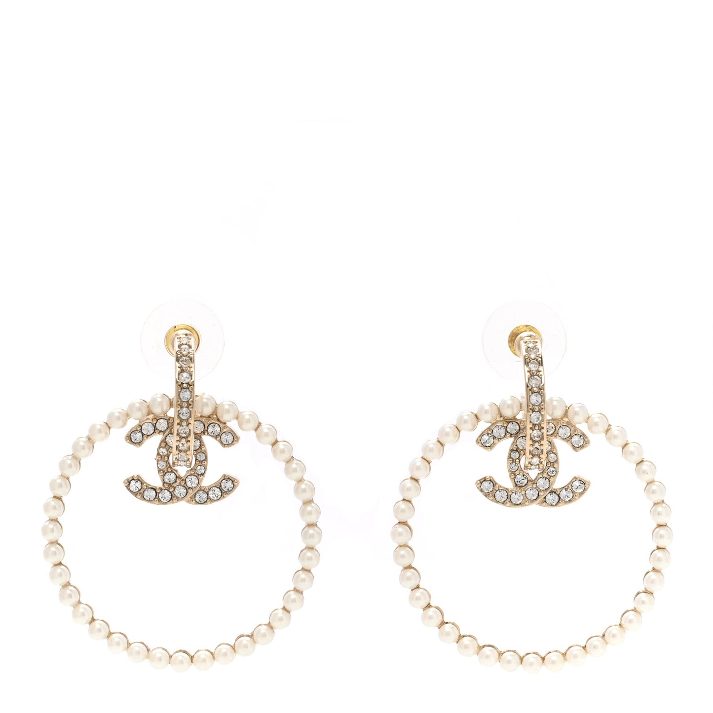 Crystal Pearl CC Door Knocker Hoop Earrings Gold Pearly White
