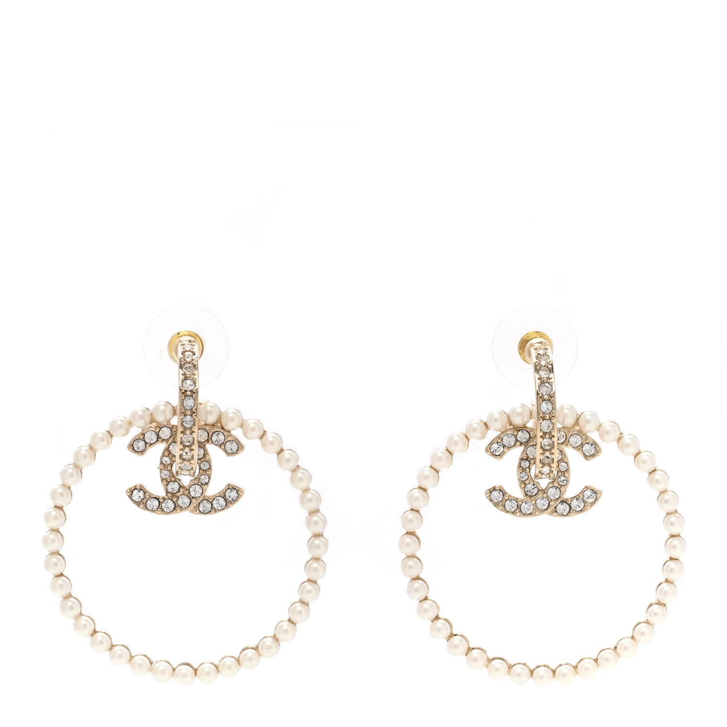 Chanel Crystal Pearl CC Door Knocker Hoop Earrings Gold Pearly White 1 of 4
