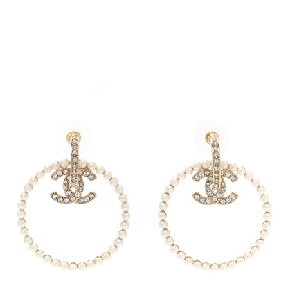 Chanel Crystal Pearl CC Door Knocker Hoop Earrings Gold Pearly White 1 of 4