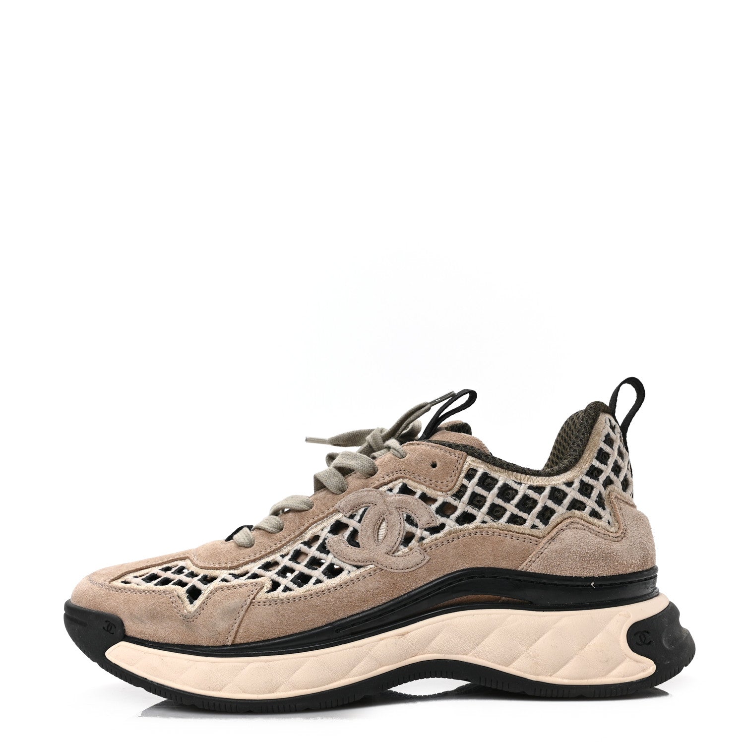 Chanel Suede Calfskin Embroidered CC Sneakers 41 Beige Black 1 of 8