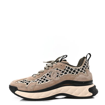 Chanel Suede Calfskin Embroidered CC Sneakers 41 Beige Black 1 of 8