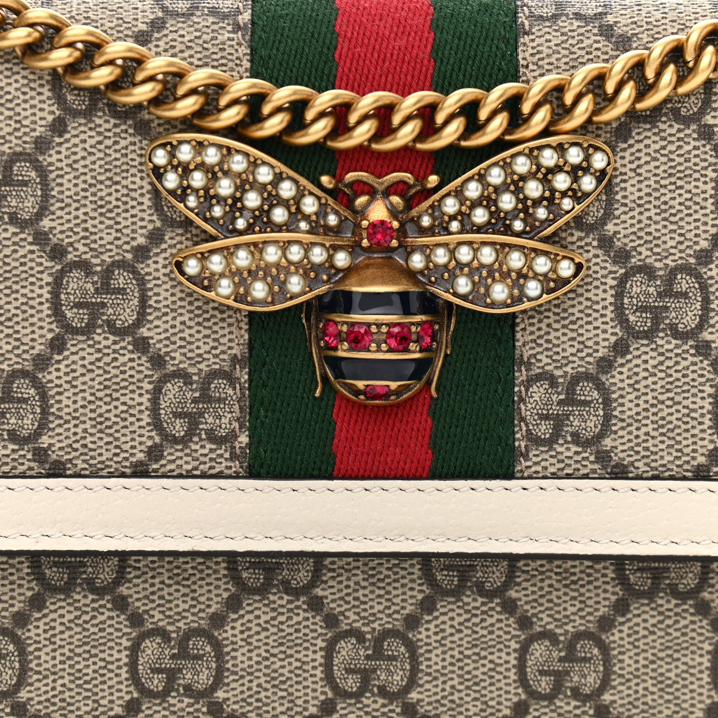 GG Supreme Monogram Web Queen Margaret Chain Wallet White