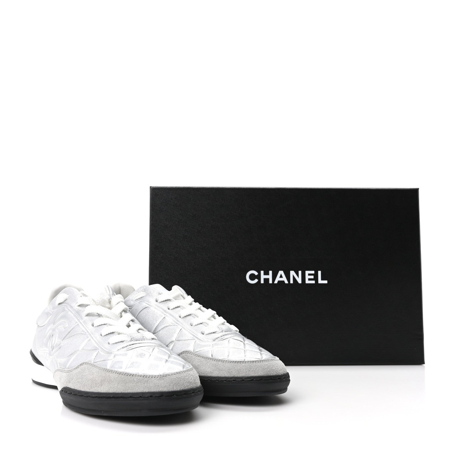 Chanel Laminated Lambskin Suede Quilted Womens CC Sneakers 37.5 Silver Gray 10 of 10