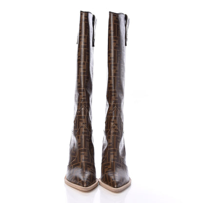 Fendi Glazed Fabric FF 1974 Cutwalk Tall Boots 37.5 Mogano Panna 2 of 8