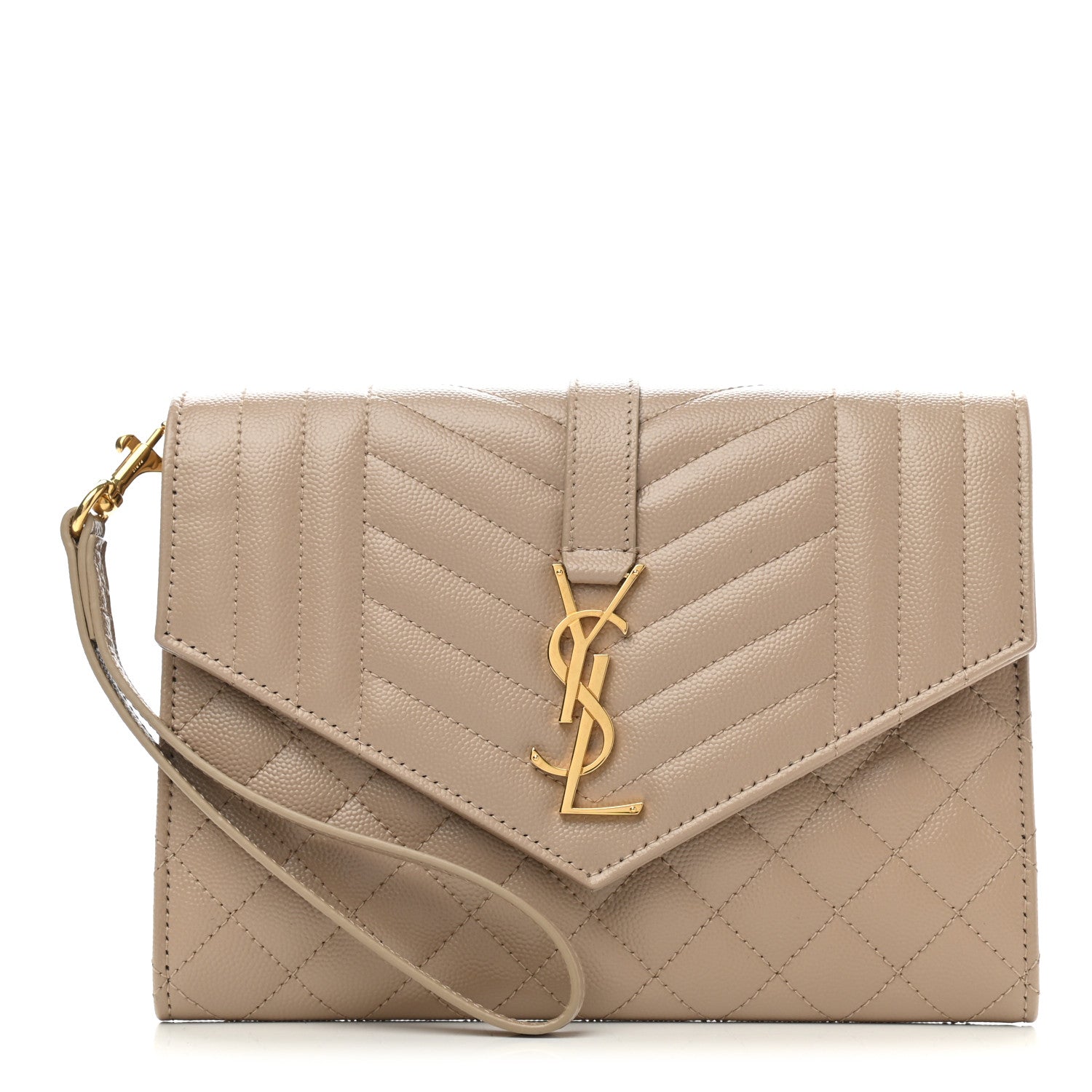 Saint Laurent Grain De Poudre Textured Mixed Matelasse Triquilt Monogram Clutch Dark Beige 1 of 11