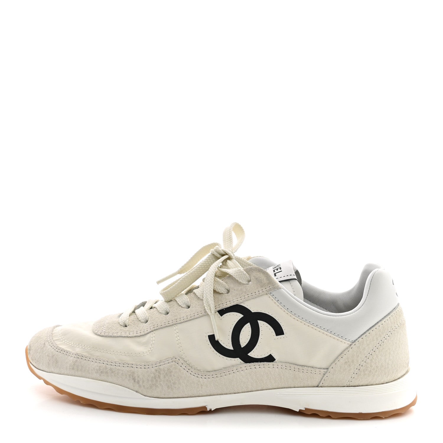 Chanel Fabric Embossed Suede Calfskin Womens CC Sneakers 37.5 White Black 1 of 11