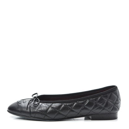 Chanel Aged Calfskin Quilted CC Cap Toe Ballerina Flats 37 Black 1 of 7