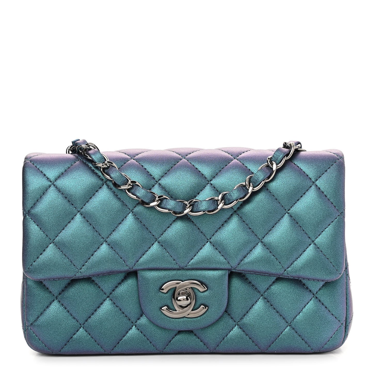 Iridescent Lambskin Quilted Mini Rectangular Flap Turquoise