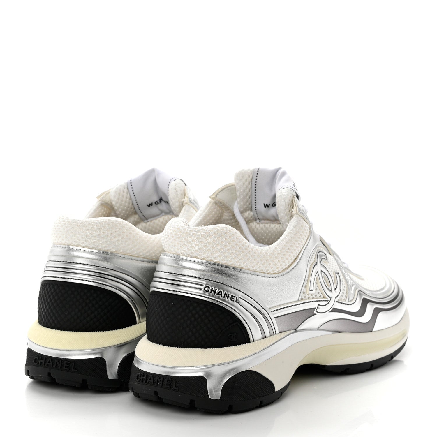 Chanel Fabric Laminated Calfskin Stretch CC Womens Sneakers 41 White Silver 4 of 9