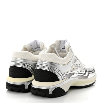 Chanel Fabric Laminated Calfskin Stretch CC Womens Sneakers 41 White Silver 4 of 9