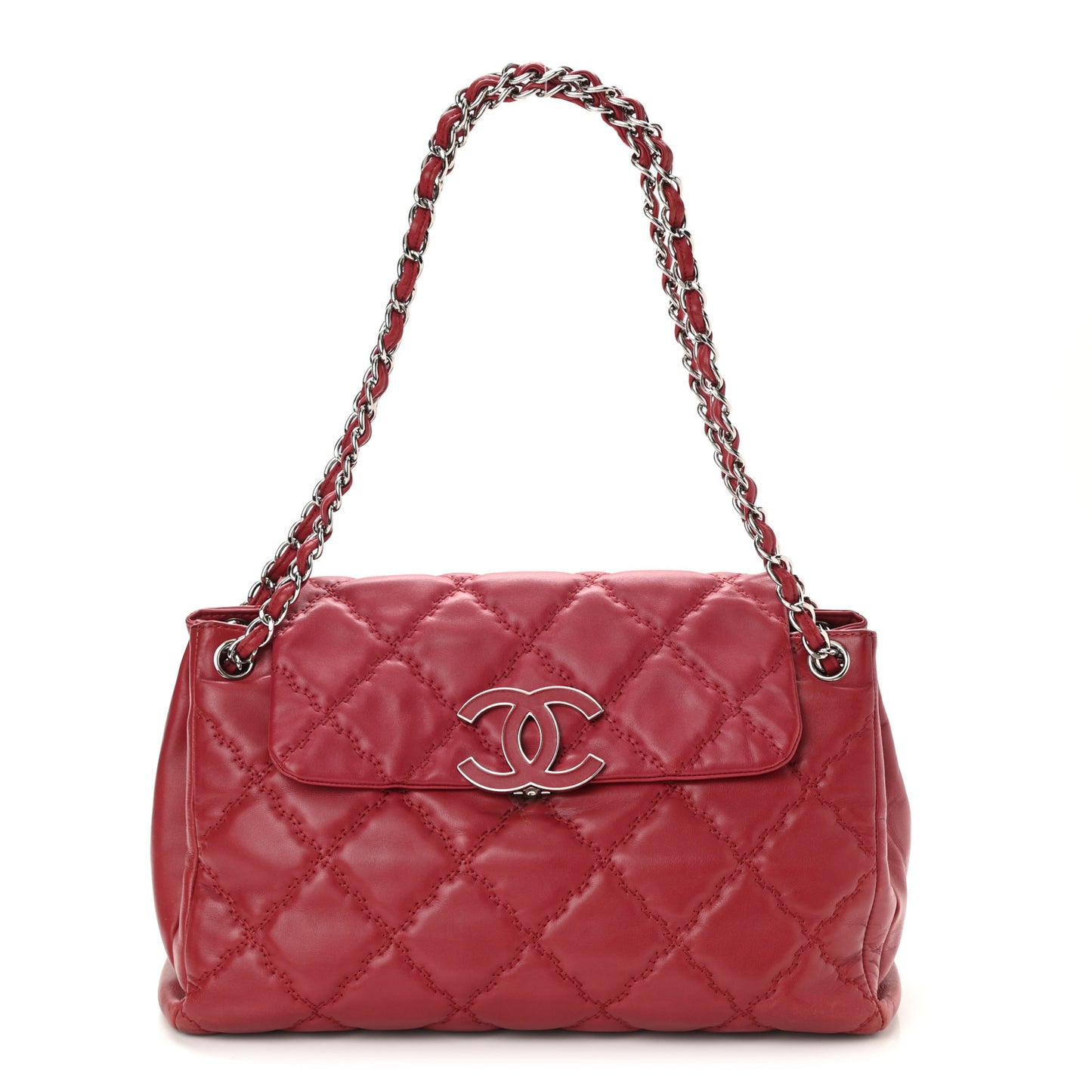 Calfskin Double Stitch Large Hamptons Flap Bag Red
